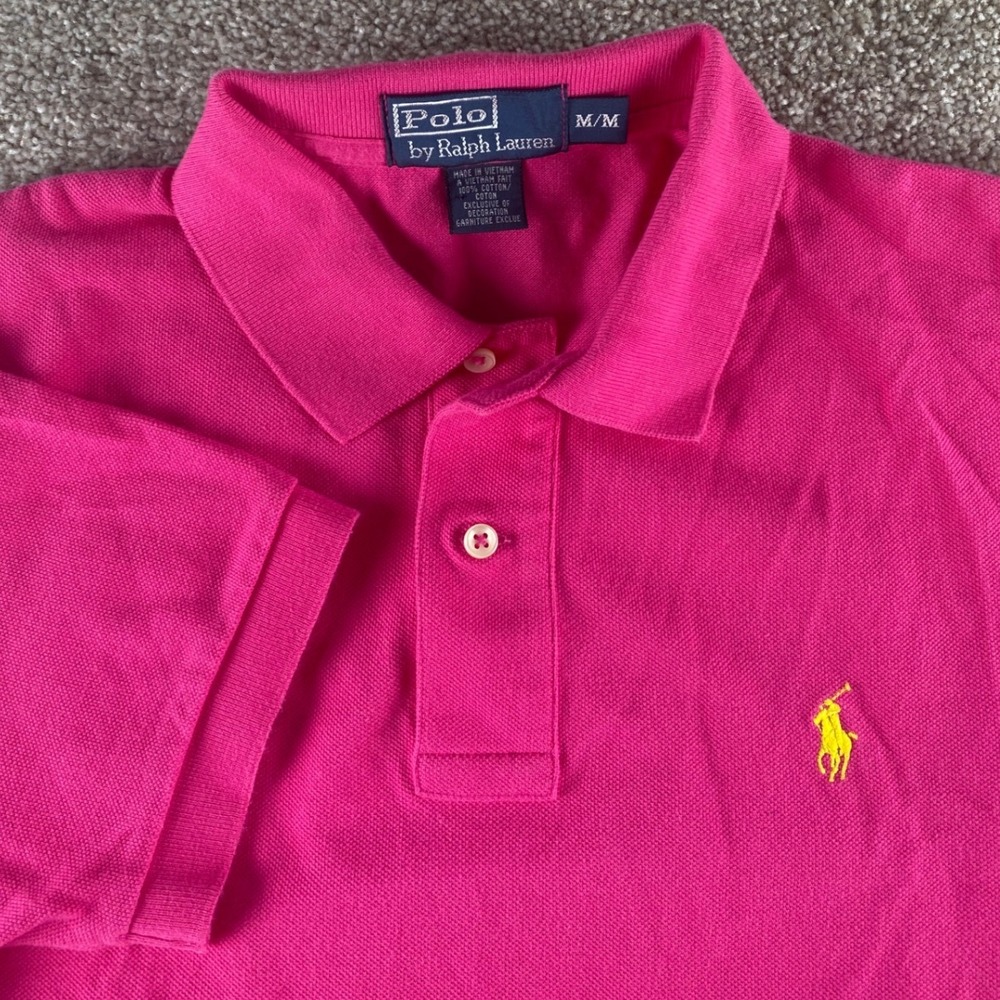 Polo Ralph Lauren Mens M Pink Short Sleeve Preppy Polo Shirt Yellow Pony Cotton